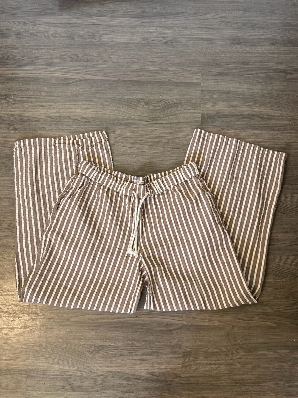 Ardene Brown and White Striped Drawstring Wide Leg Pants 100% Cotton Trouser